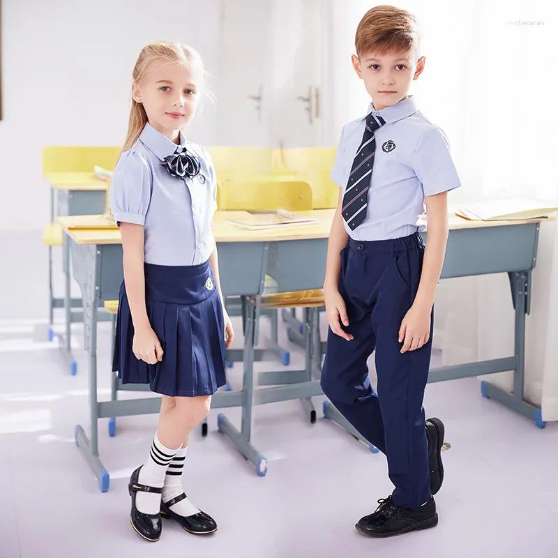Одежда устанавливает студенты летняя школьная форма для мальчиков и девочек хор с коротким рукавом первичная одежда Детская детская среда ношение D-0632