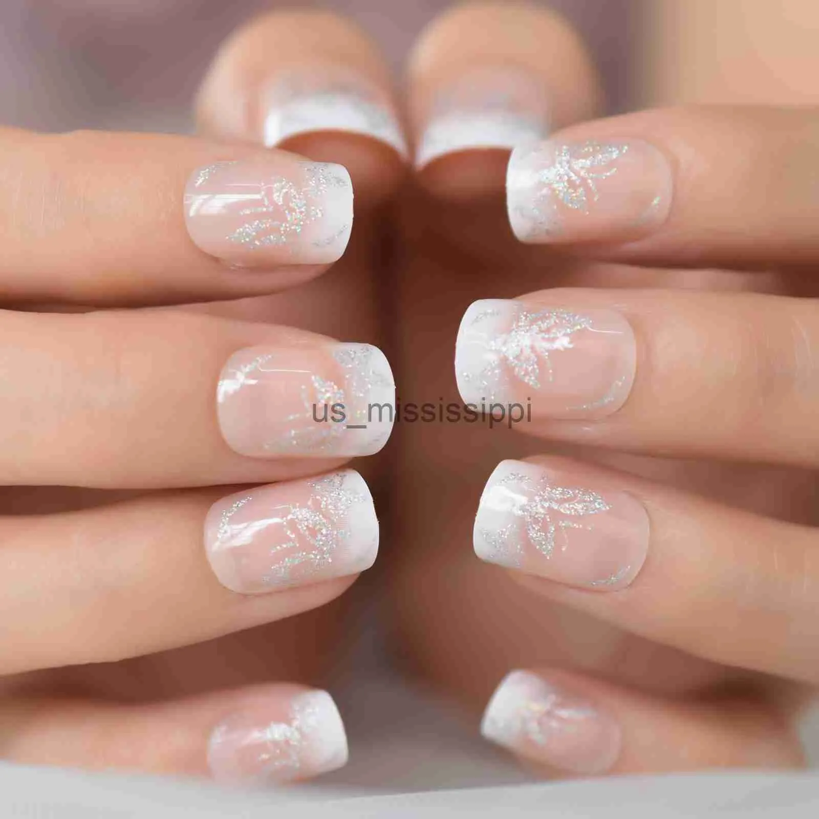 Faux ongles ombrés papillon faux ongles scintillants holographiques paillettes presse sur l'ongle court réutilisable avec autocollant de colle Nageltips x0826