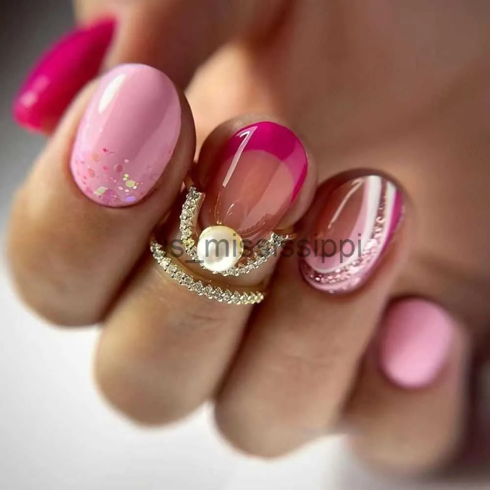 Falska naglar 24st Pink Ripple Color French Oval False Nails Wavy Colorful Fake Nails Full Cover Löstagbar Press On Nail Tips X0826