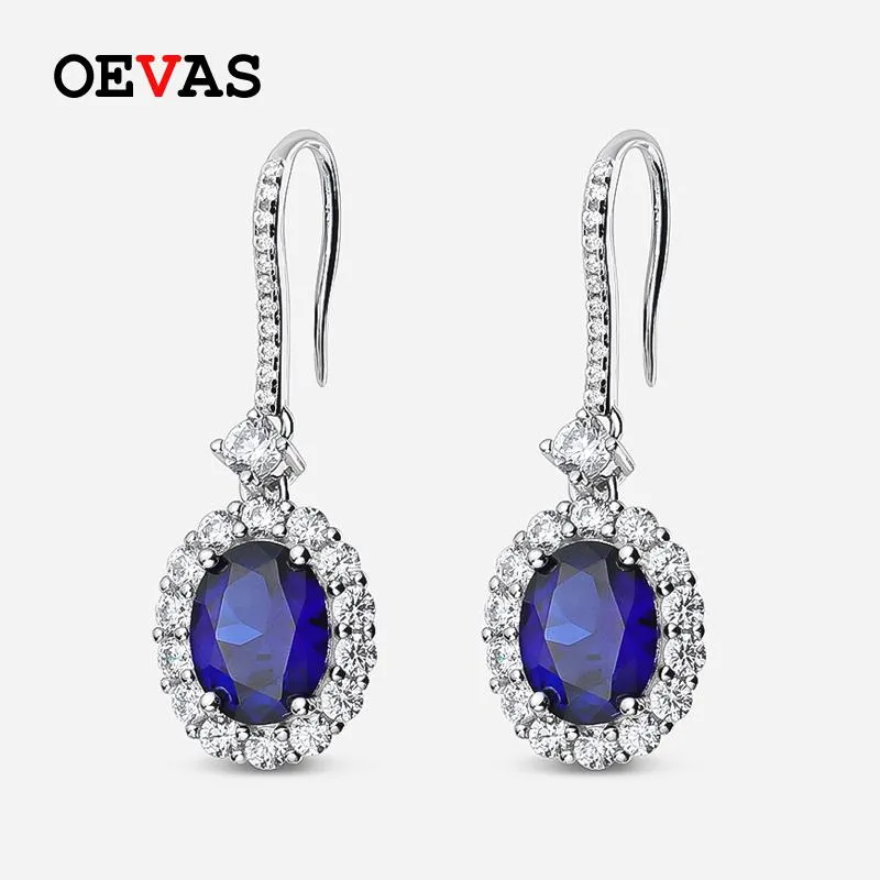 Knot OEVAS 100% 925 Sterling Silver 7*9mm Oval Synthetic Sapphire Drop Earrings For Women Sparkling Wedding Party Fine Jewerly Gift