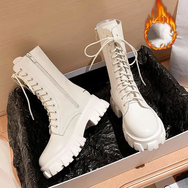 أحذية ثخانة شتاء الفارس أحذية النساء ركبة عالية مربع الكعب أحذية الرجعية أحذية نارية سميكة أبيض أبيض بوتاس mujer 230825