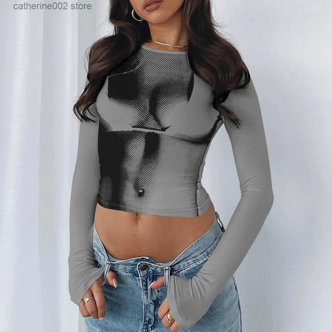 Women's T-Shirt hirigin 3D Rendering Shadow Print T-shirt Women Casual O  Neck Bare Midriff Skinny Crop Tops Ladies Streetwear Hipster Clothing  T230826