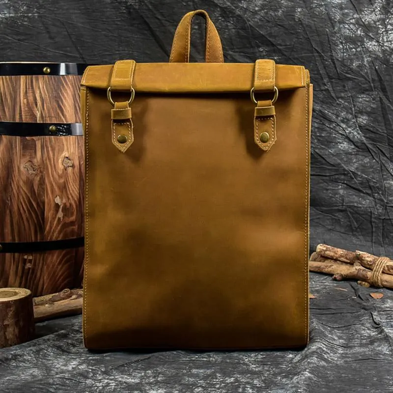 School Bags Real Leather Backpack Men Laptop Bagpack Vintage Cow Bag High Capacity Computer Anti Theft Daypack Man