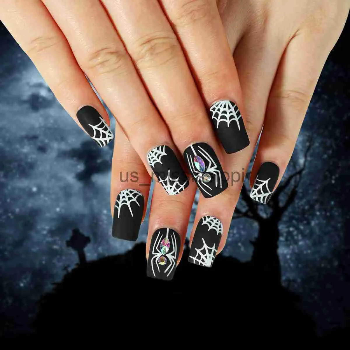 False Nails 24pcs Halloween French False Nails Spider Pattern Rhinestone Square Fake Nail Short Press on nails Full cover Nail Tips x0826