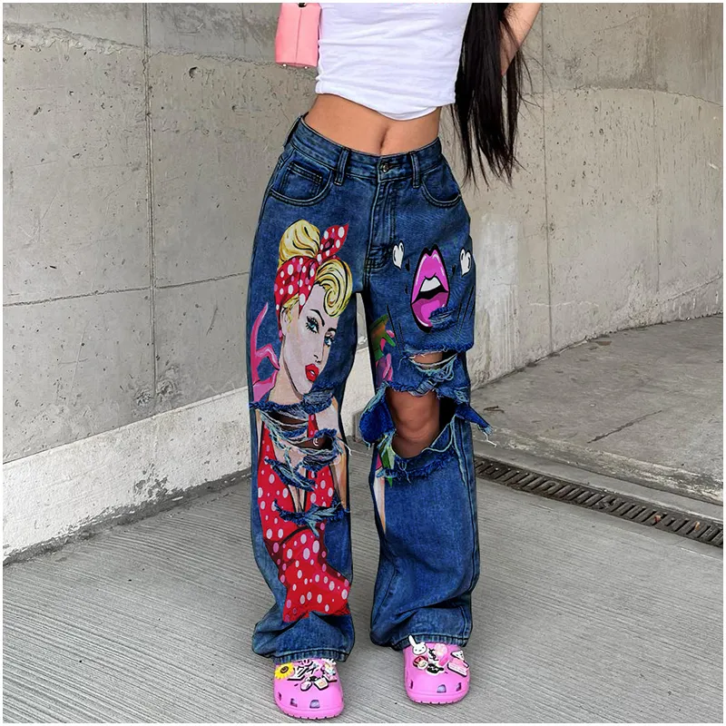 Jeans para mujer Retro lavado cintura alta pierna ancha mujeres 2023 producto de moda impresión personalizada pantalones rectos de agujero hueco 230826