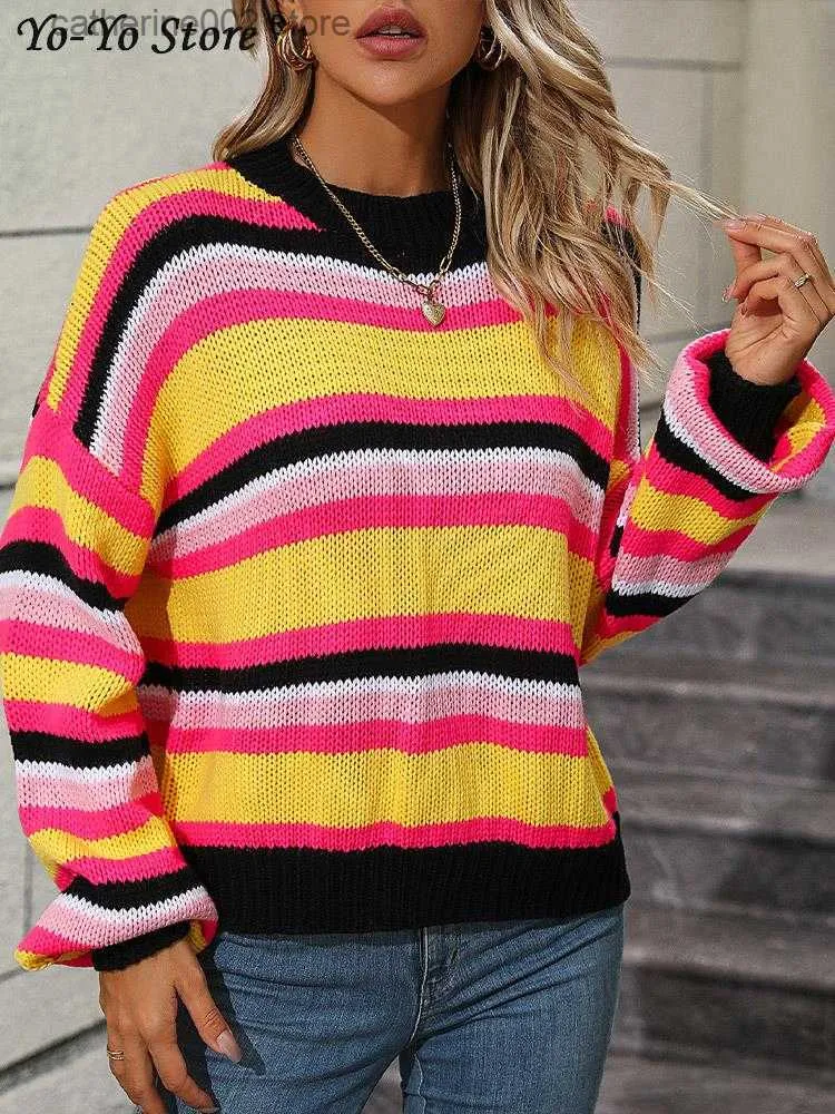Женские свитера красочная полоса сплайсированная вязаная свитер Женщины с длинным рукавом пуловер.