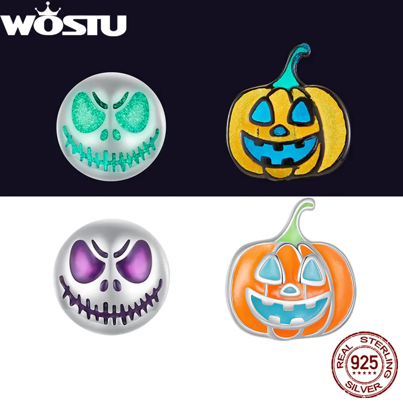 Charm WOSTU 925 Sterling Silver Skeleton Pumpkin Luminous Stud Earrings Original Special Design Ear Studs Women men Punk Jewelry Gift 230825