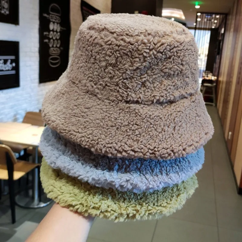 Wide Brim Hats Bucket Fashion Winter Plush Hat Solid Color Lamb Wool Fisherman for Women Casual Outdoor Warm Panama Cap Lady Thicken Caps 230825
