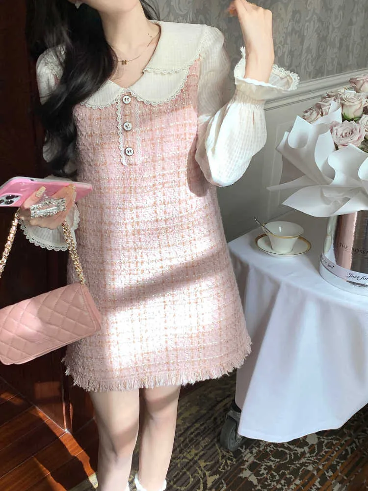 Koreansk stil elegant fest mini dres peter pan krage vintage kawaii söt klänning rosa france casual falska två klänningar 230808