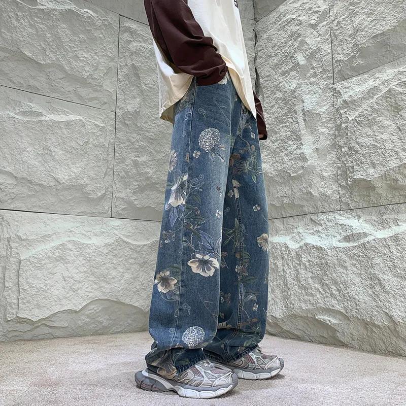 Jeans pour femmes Baggy Fleur Hommes Mode Surdimensionné Large Jambe Streetwear Hip Hop Lâche Droite Denim Pantalon Hommes Pantalon S XL 230826
