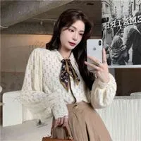 Shirt Celebrity style French bubble sleeve shirt women's 2021 autumn new design silk scarf long lace hollowed out