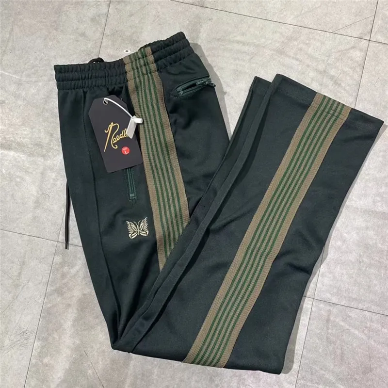 Erkekler Trailtsits Erkekler Kadın İşlemeli Kelebek İğneleri Track Pants Klasik Stripe Pantolon Siyahlık Yeşil Awge Needles Pants 230825