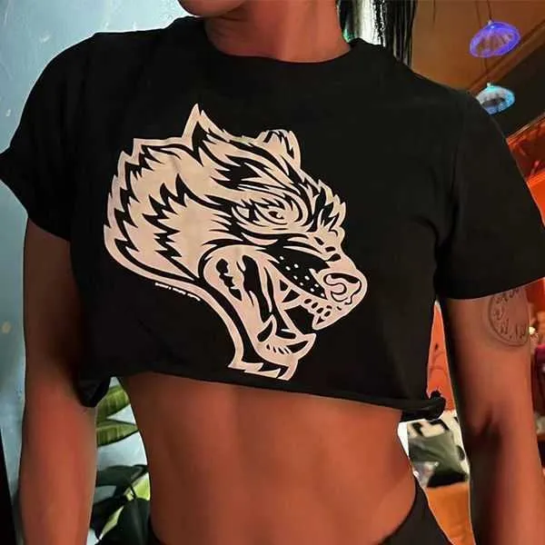 Darcsport Wolf Head Print Fitness Yoga Top de manga curta feminino absorvente de suor solto ajuste aberto umbigo corrida esporte T