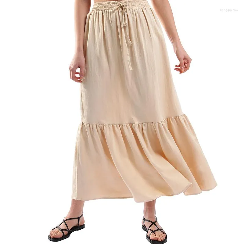 Gonne Chic eleganti lunghe per le donne Casual Solido a vita alta con coulisse Ruffles Vacanza estiva Spiaggia Maxi gonna Saia Feminina