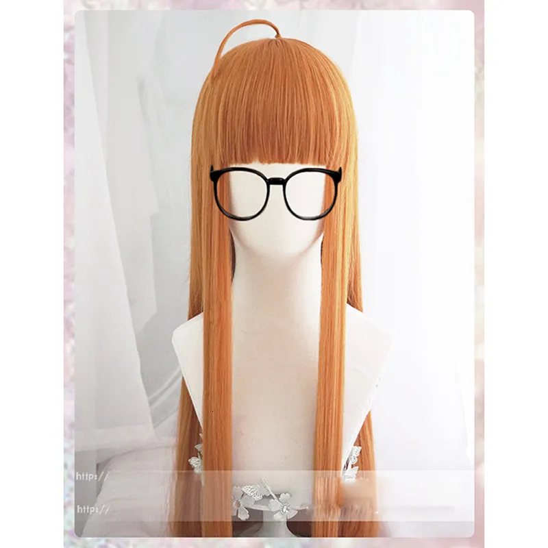 Cosplay Wigs Persona5 Futaba Sakura Cosplay perruque 100 cm longue ligne droite agrumes Orange résistant à la chaleur Costume perruques lunettes perruque casquette 230826