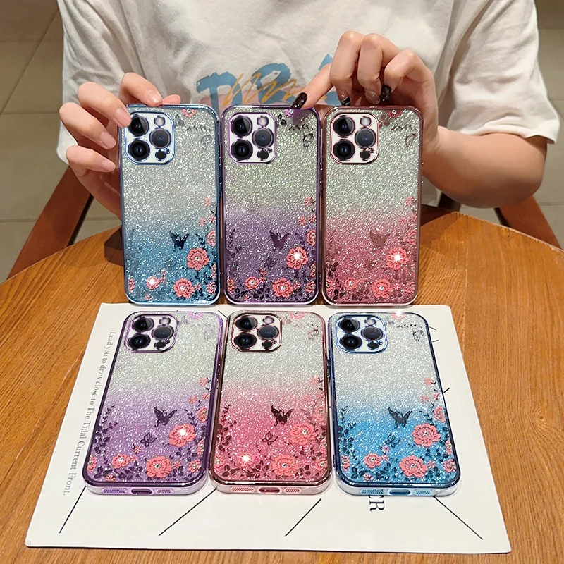 Bling Diamond Flower 6D Chromed Soft TPU Cases For Iphone 14 Plus Pro Max 13 12 11 X XS XR 8 7 Butterfly Luxury Glitter Sparkle Fashion Soft Silicone Mobile Back Cover Skin
