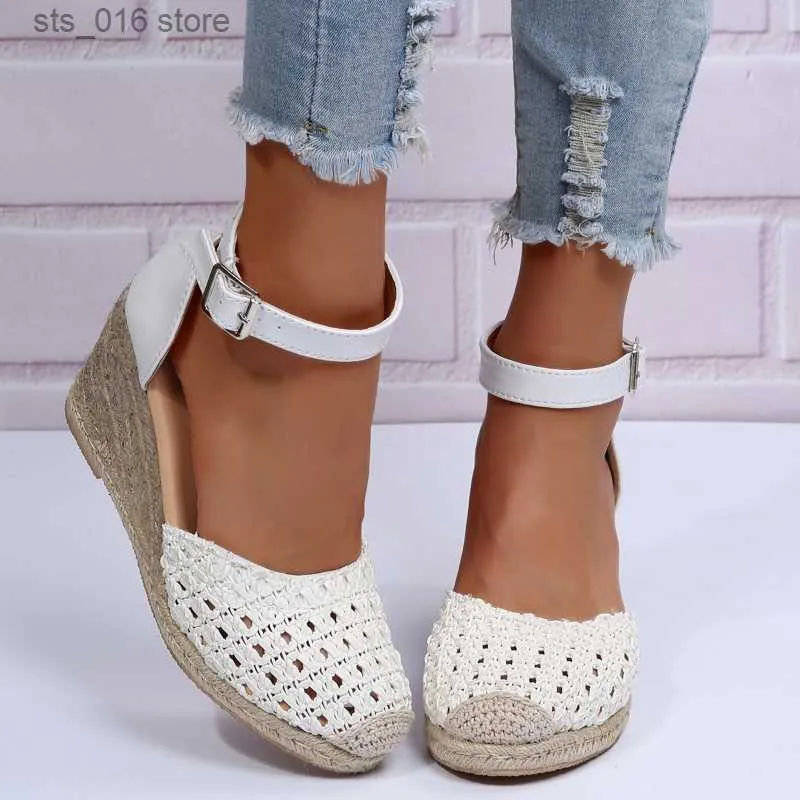 Dress Shoes Handmade Wedge Sandals Woman Summer 2023 Rome Plus Size Round Head Belt Buckle Leisure Beach Vacation Shoes T230828