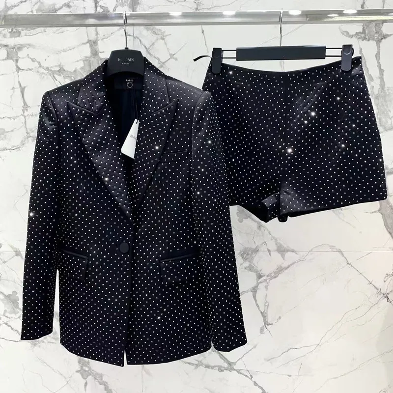 Womens Suit Jacket + Shorts 2 Suits Fall Winter sväng ner kragen dubbelbröst metallknappar smala blazer tweed shorts set kvinnor