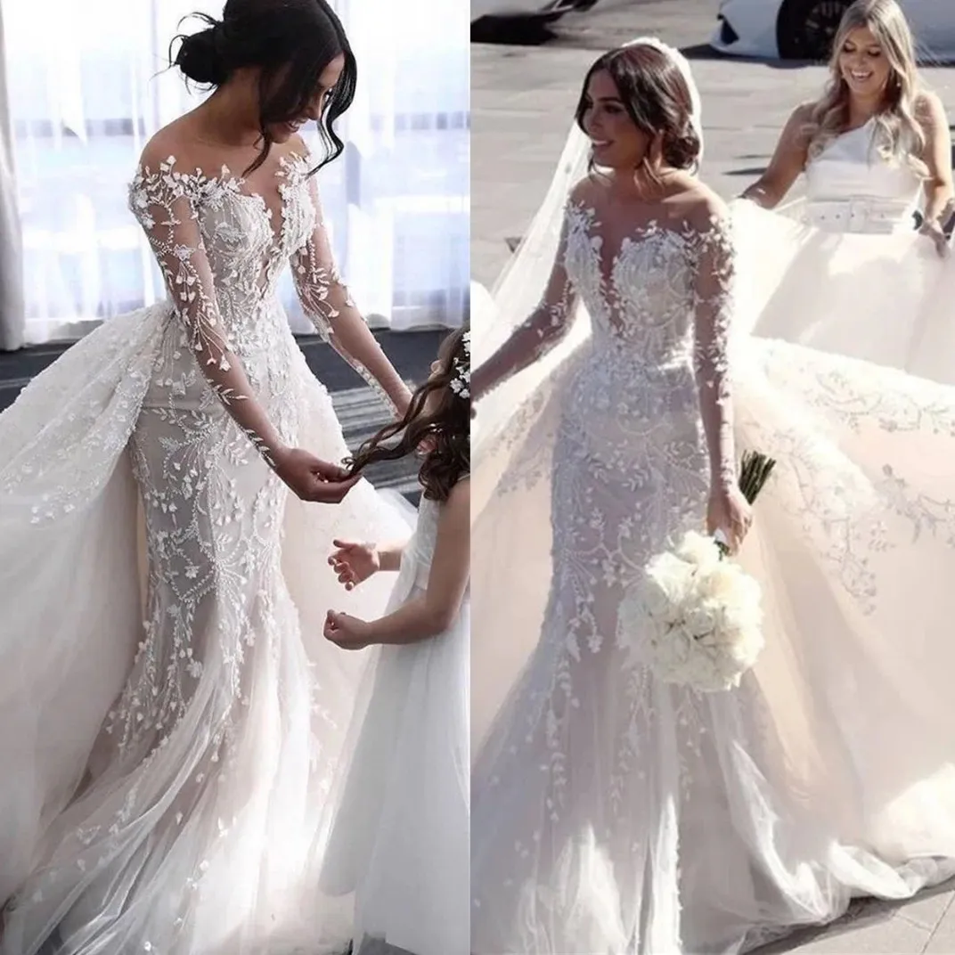 Arabski sheer szyi długie rękawy Suknia ślubna syrena Aplikacja