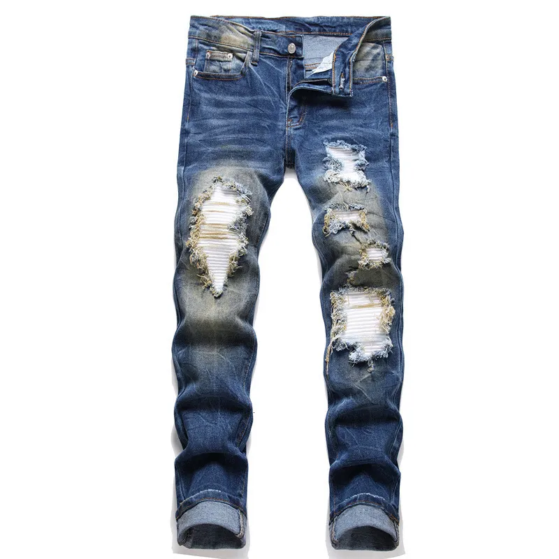 Mens Jeans Autumn Punk Style MidWaisted CatBeard Ripped Patch Slim Casual Hip Hop Pants 230825