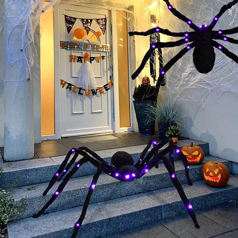 Andere evenementen Feestartikelen 125-75cm Zwarte enge gigantische spin met enorme paarse LED-web Halloween-decoratie rekwisieten Haunted Indoor Outdoor 230825