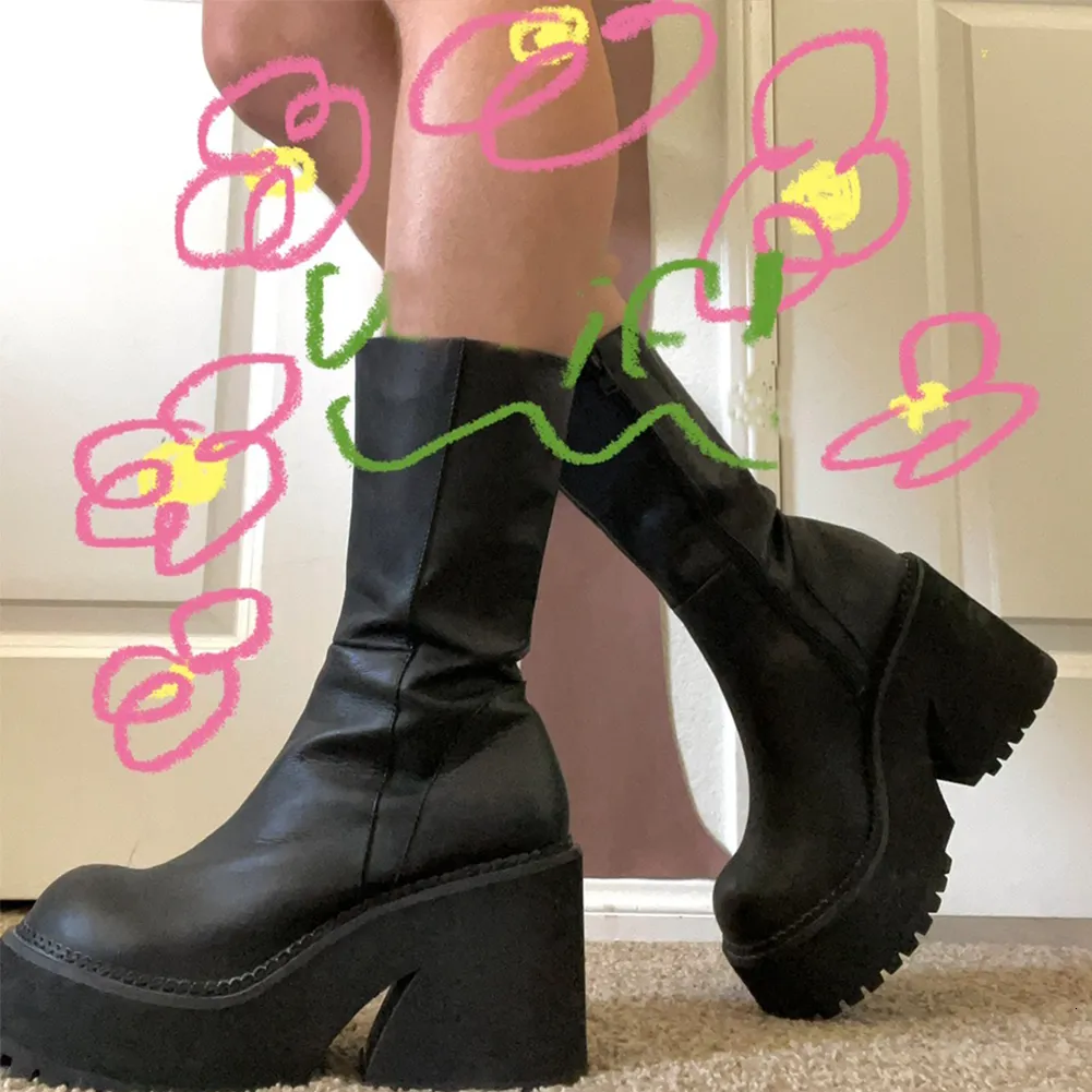 Bottes GIGIFOX Goth plate-forme talons hauts Zip grosses bottes pour femmes noir Punk fond épais bottes de moto Cosplay Y2K chaussures décontractées 230825