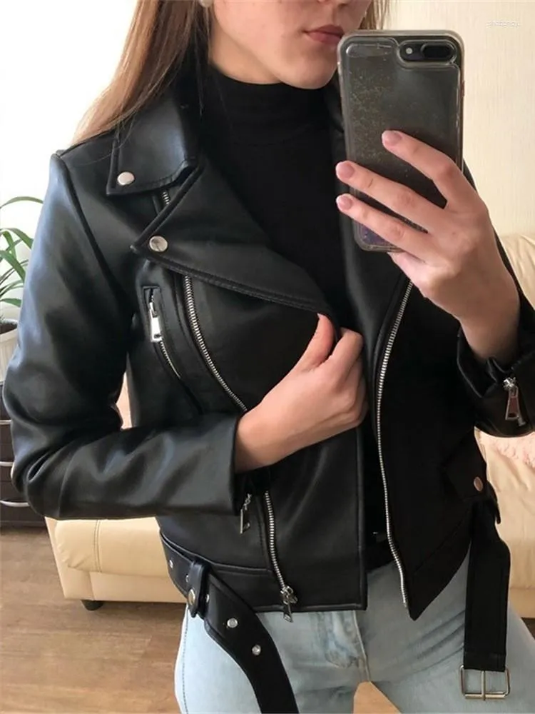 Damen Leder Herbst Winter 2023 Damen Schwarz Faux Jacken Reißverschluss Basic Mantel Umlegekragen Motor Biker Jacke mit Gürtel