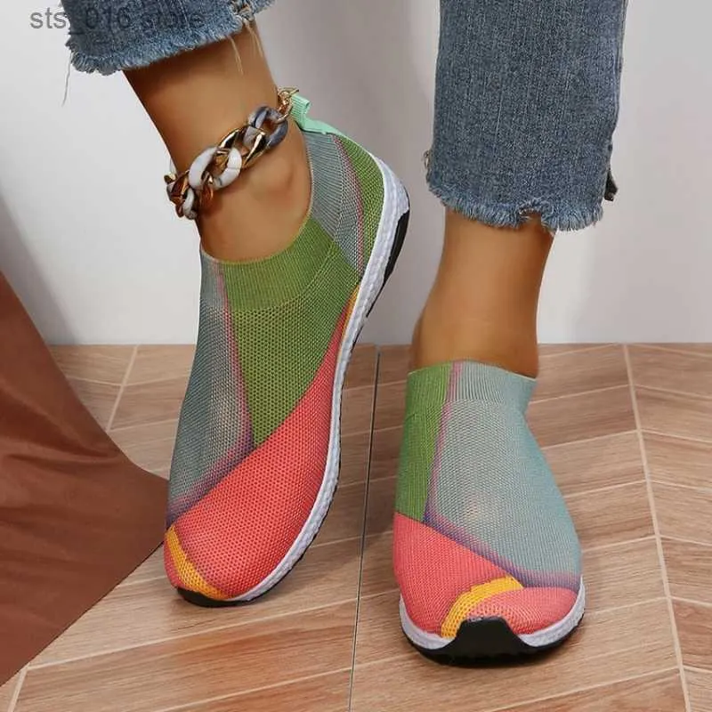 Sneakers Dress Platform Breathable Women Slip Mesh On Soft Casual Single Candy Knit Sock Flat Shoes T