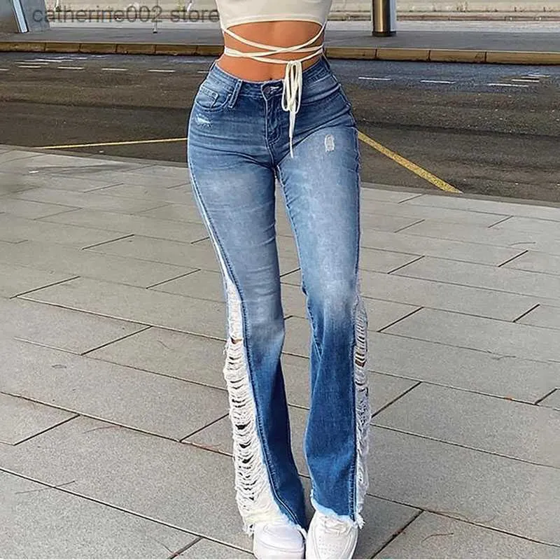 Kvinnors jeans 2023 Stretch Jeans Kvinnor Fashion Leg Side Hole Flash Pants High midja Sexig kant tår ihålig denim street kläder jeans byxor t230826