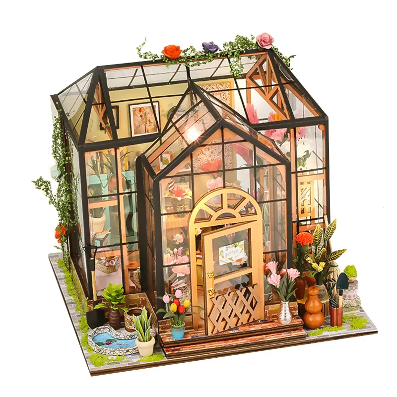 Doll House Accessories Diy Miniature Dollhouse Jenny Greenhouse Wood Doll House Toys Gifts 230826