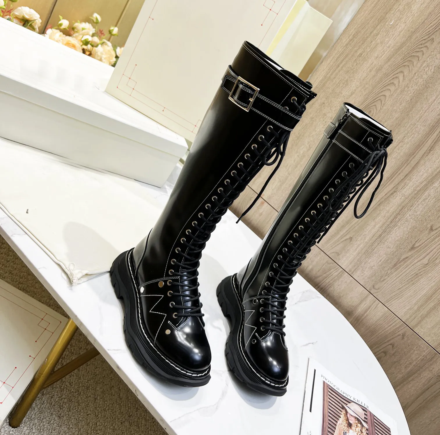 Lace up wedge boots knee high best sale