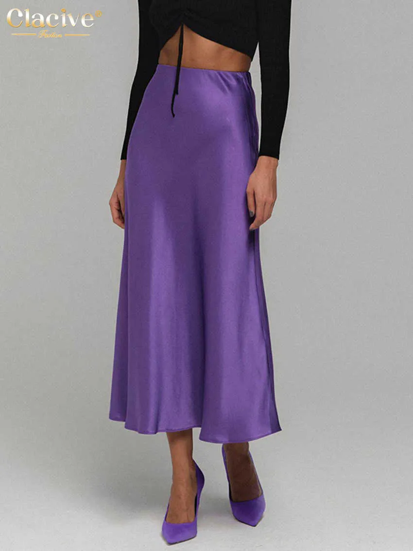 Casual Purple Satin Silk Skirt: Elegant High-Waisted Womens Midi