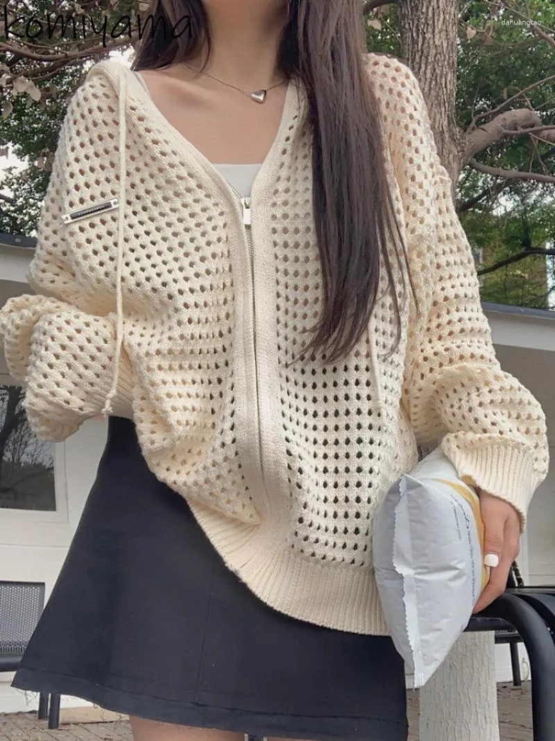 الحياكة النسائية Komiyama Hollow Out Cardigans Femme مقنعين سترة طويلة الأكمام خريف ملابس نسائية فضفاض