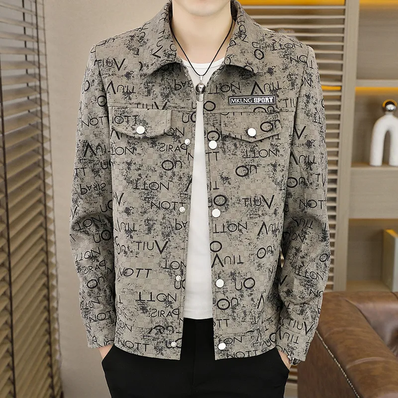 Herrjackor Autumn Casual Print Jacket Korean Fashion Short Lapel Coat Högkvalitativ Hip Hop Men 230825