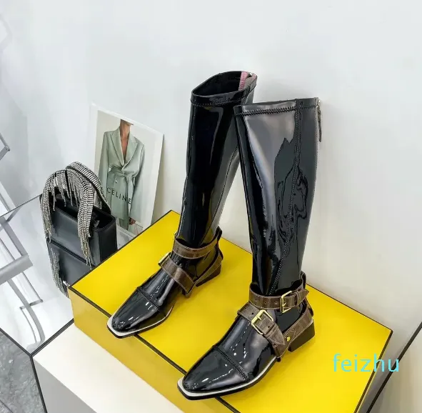 Preto elástico neoprene apartamentos joelho alto bota patente arredondada dedo do pé joelho-alta equitação botas de luxo designers sapato para mulheres fábrica footwea
