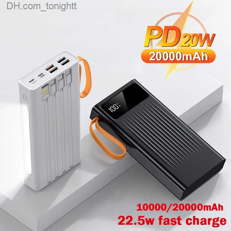 20000mah portátil power bank carregamento rápido poderoso powerbank 4 usb 22.5w tipo c pd20w 4 cabo lâmpada led telefone portátil carregador q230826