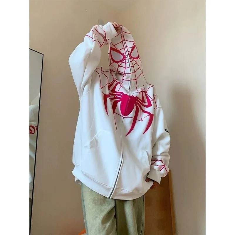 Herrtröjor tröjor gotiska spindelbroderier överdimensionerade hoodie herrar y2k streetwear harajuku lös blixtlåsjacka ytterkläder kvinnor 230825