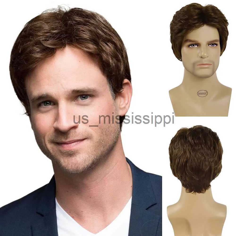Perruques synthétiques GNIMEGIL perruques synthétiques pour hommes perruque courte avec frange mode coiffure perruque brune coupe de cheveux naturelle remplacement de cheveux perruque en couches x0826