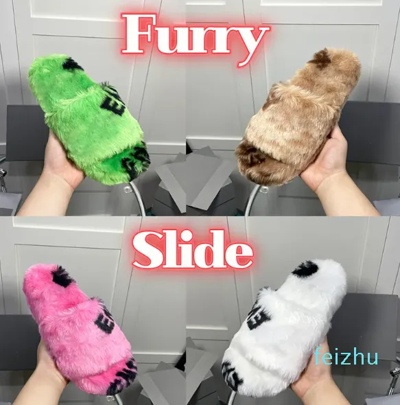 Avec la boîte Designer Furry Slide Sandales Hommes Femmes Chaussures Rose Blanc Vert Noir Beige Ébène Logo Luxe Hommes Pantoufles Sandale De Mode