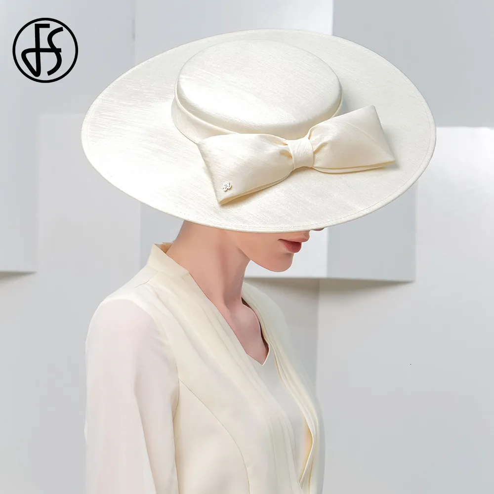 Wide Brim Hats Bucket FS Elegant Ivory For Women Big Bowknot