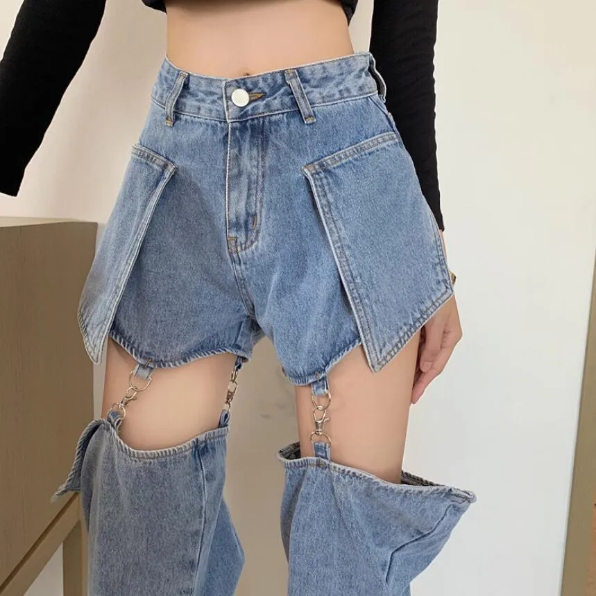 Dames Jeans Jean's Rechte Losse Hoge Taille Slanke Broek Lente Dunne Ontwerp Afneembare Shorts Harajuku Kpop s615 230825