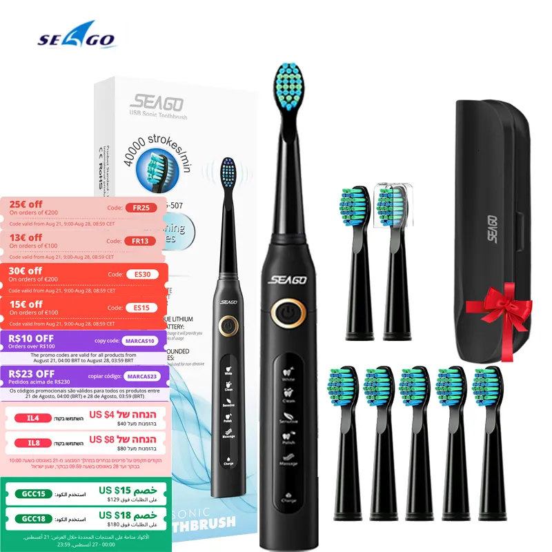 Diğer Oral Hijyen Seago Sonic Elektrikli Diş Fırçası SG 507 Yetişkin Zamanlayıcı Fırçası için 5 Mod Mikro USB Şarj Edilebilir Diş Değiştirme Kafaları Set 230825