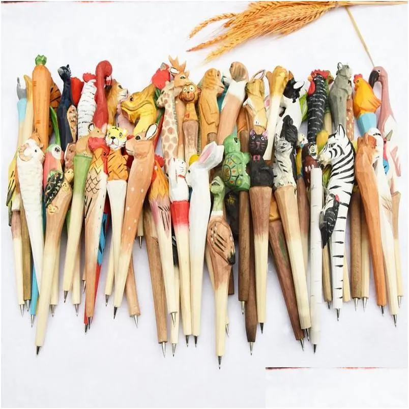 Gel Pens Wholesale 200Pcs Lot Animal Wooden Carving Creative Ballpoint Pen Wood Ball Point Handmade Scpture Student Ball-Point Drop Otked