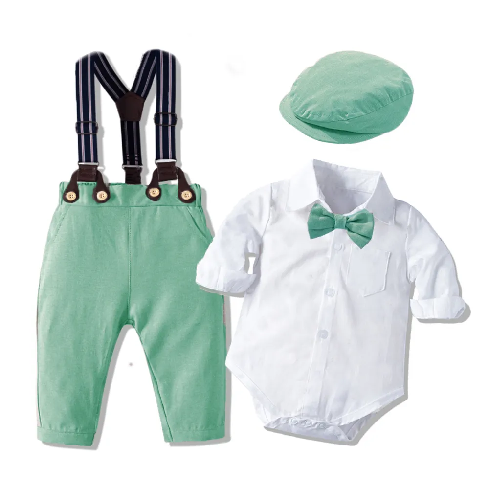 Kläderuppsättningar Gentleman Toddler Boy Romper Suit Född Solid Cotton Jumpsuit Belt Bow Hat Set Baby Boys 1st Birthday Wedding Outfit 230826