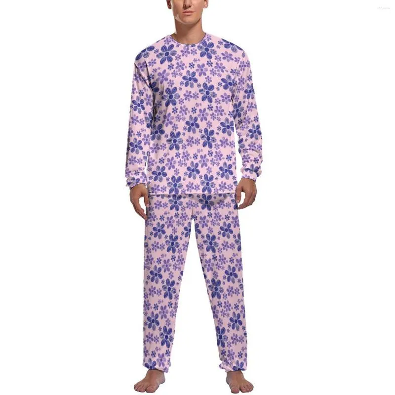 Men's Sleepwear Purple Daisy Pajamas Winter Retro Floral Print Home Men 2 Pieces Graphic Long Sleeve Warm Pajama Sets