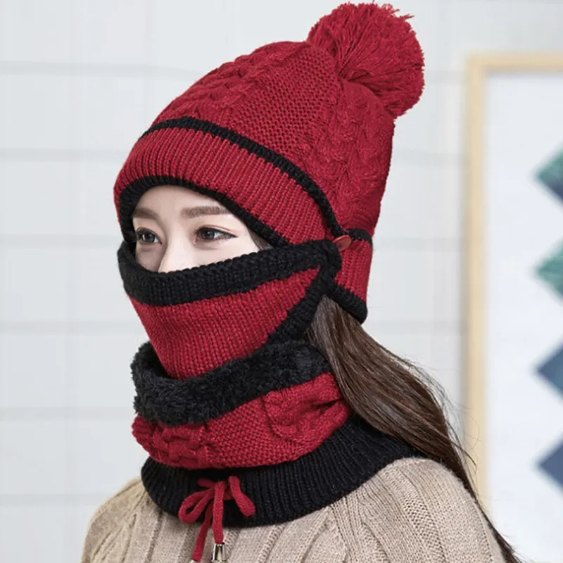 Women Thickened Winter Beanies Knitted Hat with Warm Mask and Neck Scarf Driver Windstop Sets for Women