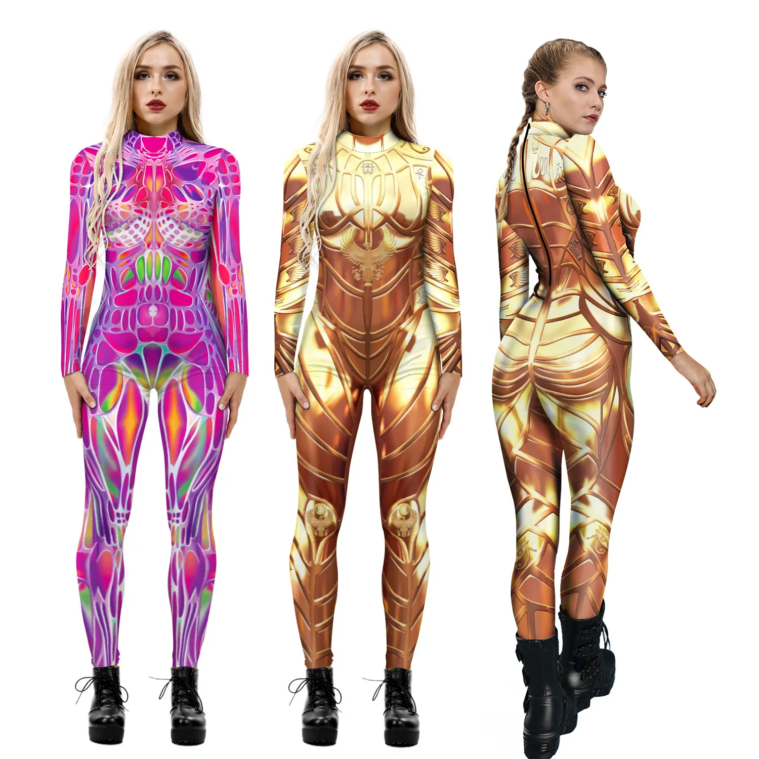 Theme Costume Halloween Costumes for Women Adult Jumpsuit Ladies Sexy Bobysuit 3D Printed Clothing Long Sleeved Tight Hero Robot Rendering 230825