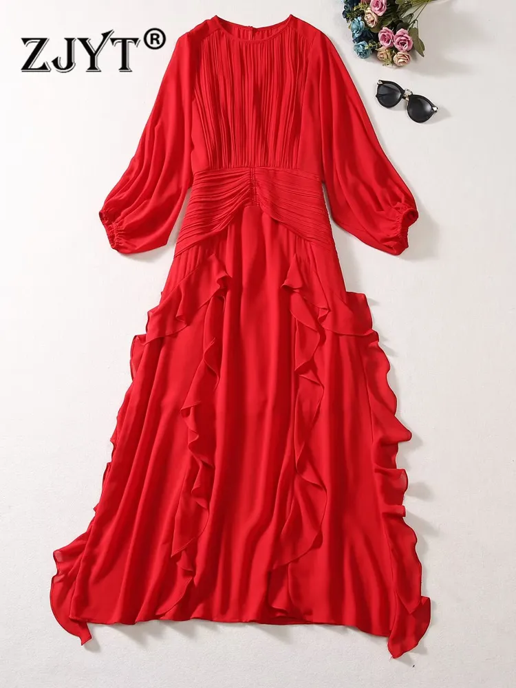 Herbst Rüschen Chiffon Lange Rot Party Kleider für Frauen 2023 Elegante Vestido Fiesta Feminino Besondere Anlässe Robe Urlaub