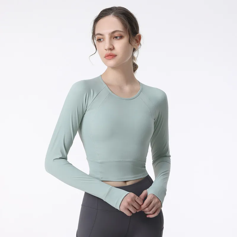 Light Green Yoga Gym Shirts Women With Chest Pad Quick Dry, Long