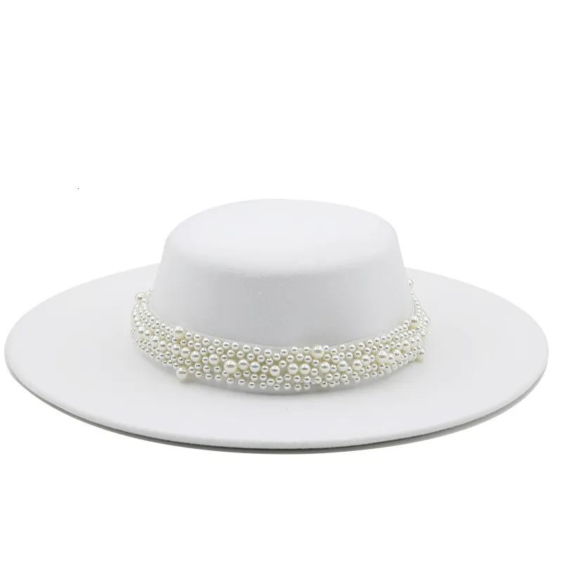 Шляпа шляпы широких краев ковша французский светский стиль жемчужного цепочка белая квартира для женщин для женщин Осень весна весна большая шляпа Свадьба 230825